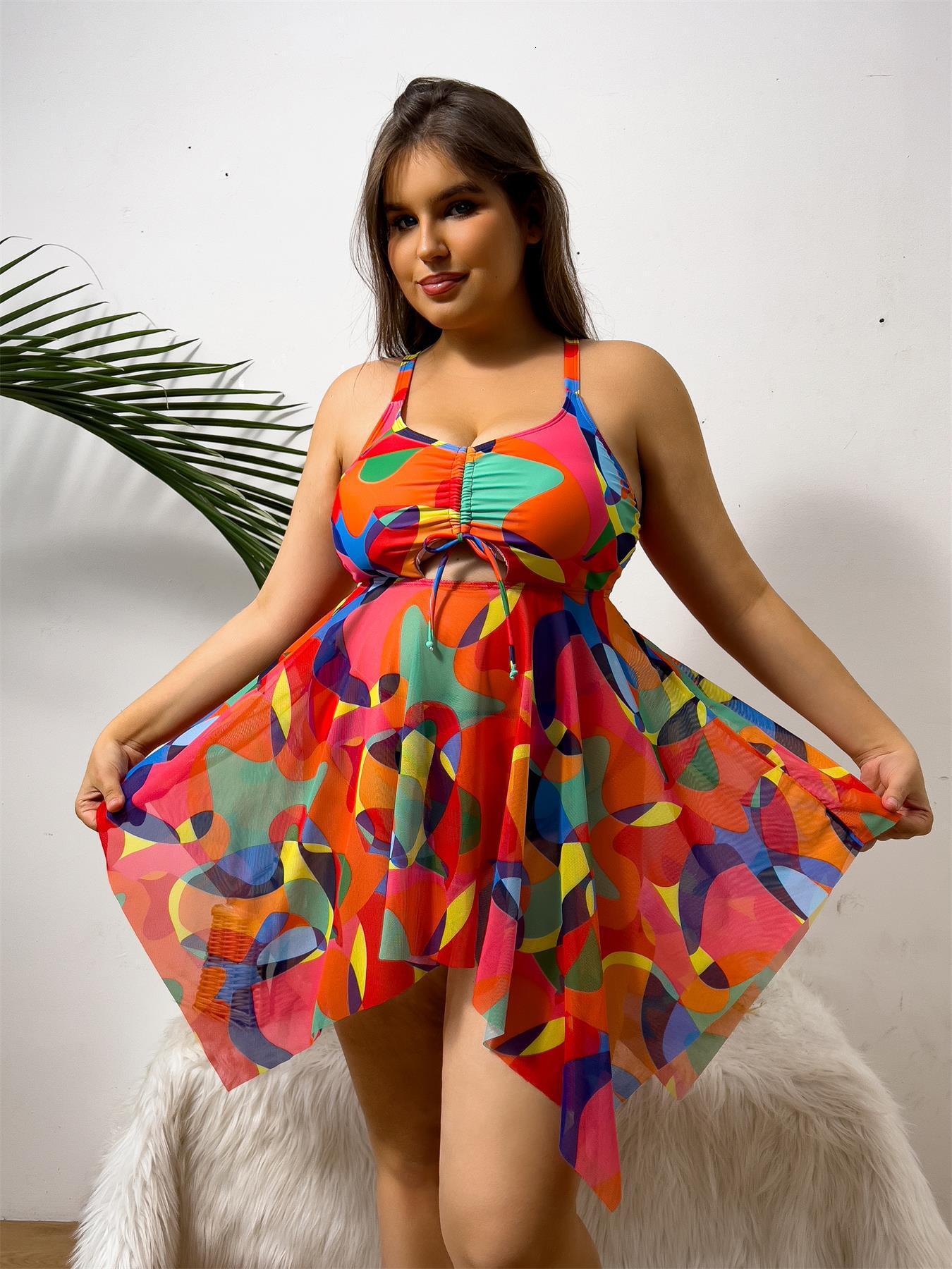2025 new plus size printed split skirt two-piece set for fat women swimsuit