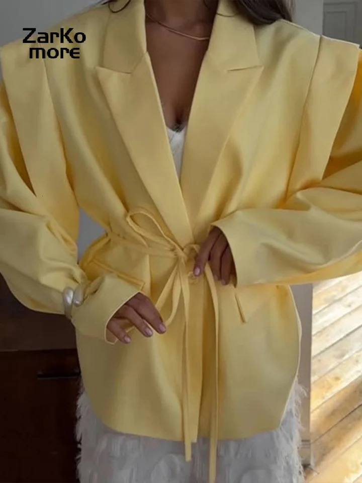 Elegant Grey Lace Up Womens Blazer Button Long Sleeve Lapel Suit Jackets Autumn Lady Loose Casual Outwear 251106