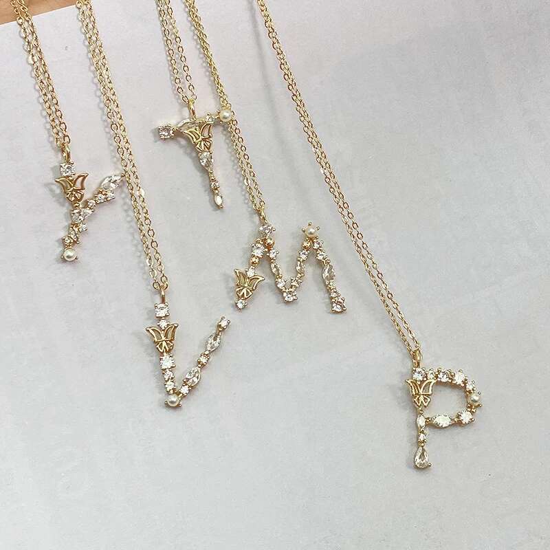 S Sterg Sier Choker Butterfly Paired With Pearls Letter Pendant Zircon Necklace Party Gift For Women Fine Jewelry