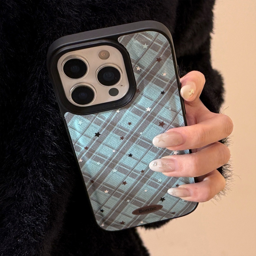 Blue Star Pattern Leather Phone Case Compatible with iPhone 17/16 Pro Solid Color Shockproof iPhone 15/14 Niche 13