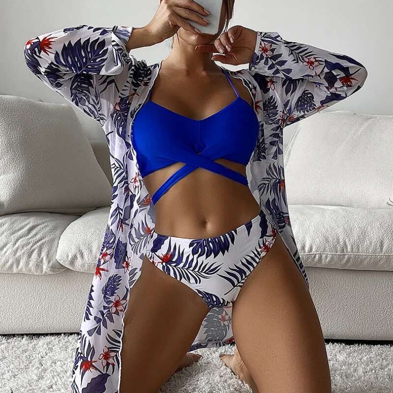 2024 Long-Sleeve Print Tulle Cover-Up Swimsuit Three-Piece Bikini Set Women Cross Bandage Sexy Suspender Swimwear Bathing Suit