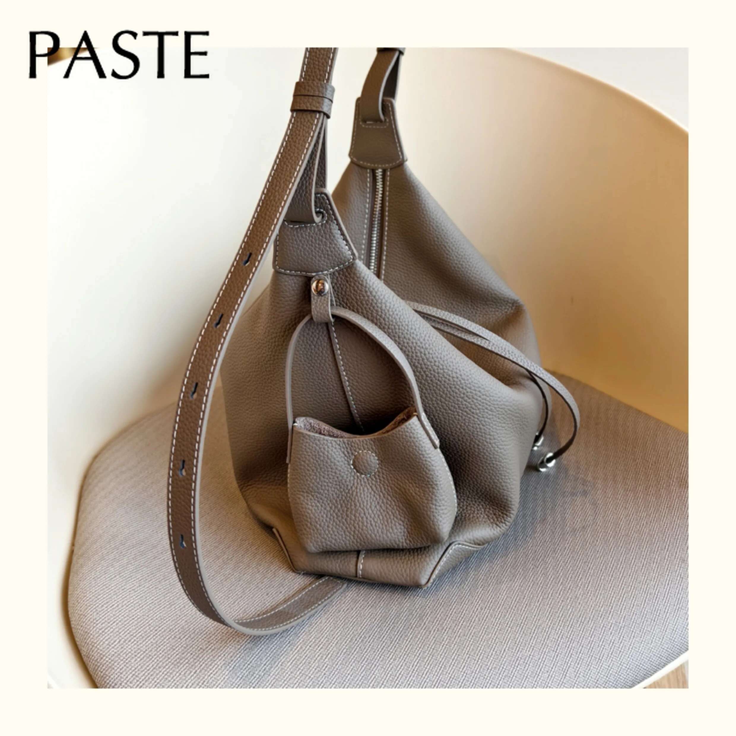 Biscuit Grey Color Soft Amorphous Underarm Shoulder Bag For Women 100% First Layer Cow Leather Female Handbag With Wallet