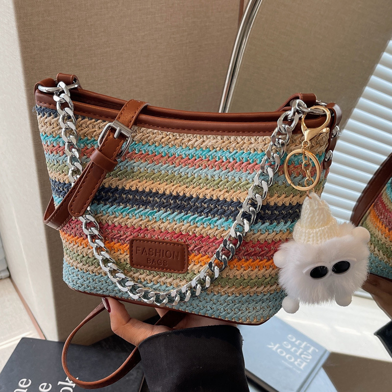 2025S Designer Women S Bag Bucket For Women Chiond Rainbow Color Summer Style Shoulder Bag Versatile New Woven Crossbody Bag