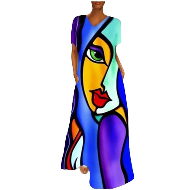 2025 New Dress Portrait Cat Print V-neck Four Sided Elastic Long Dress