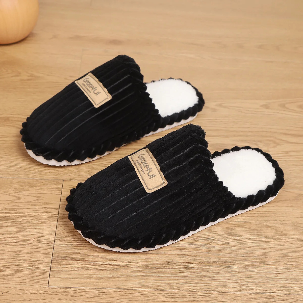 Womens Black Faux Fur Plush Flip Flop Slippers, Pull-On Outdoor Recreation House Shoes with White Sole