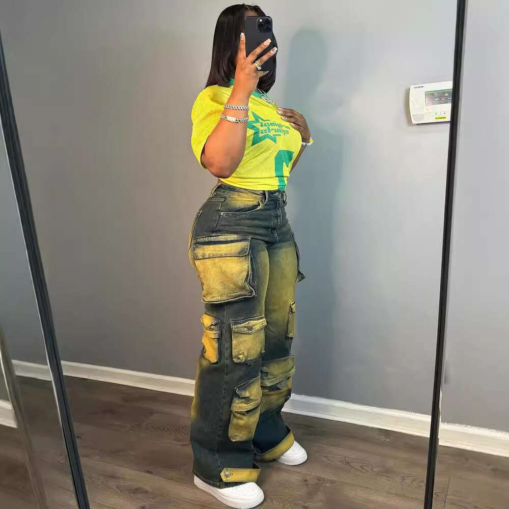 European and American Style Straight-Leg Jeans Amazon Cross-Border Women's Fashion Trendy Personality Multi-Pocket Tie-Dye High-Waist Cargo Pants