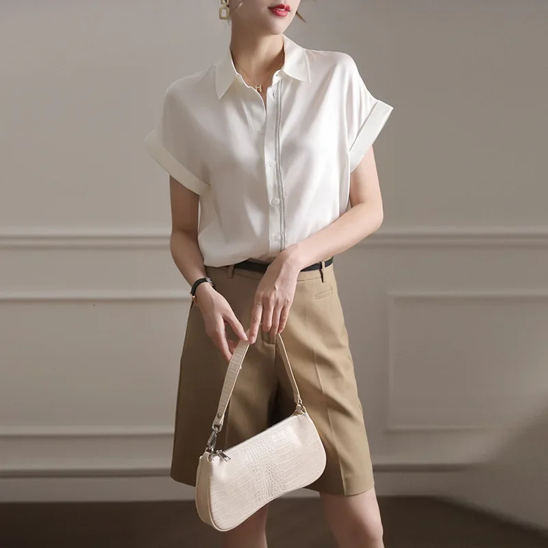 White Silk Shirts Women Spring Short-sleeved Loose Silk Tops With High Short Temperament And High Quality Silk T-shirt 250402