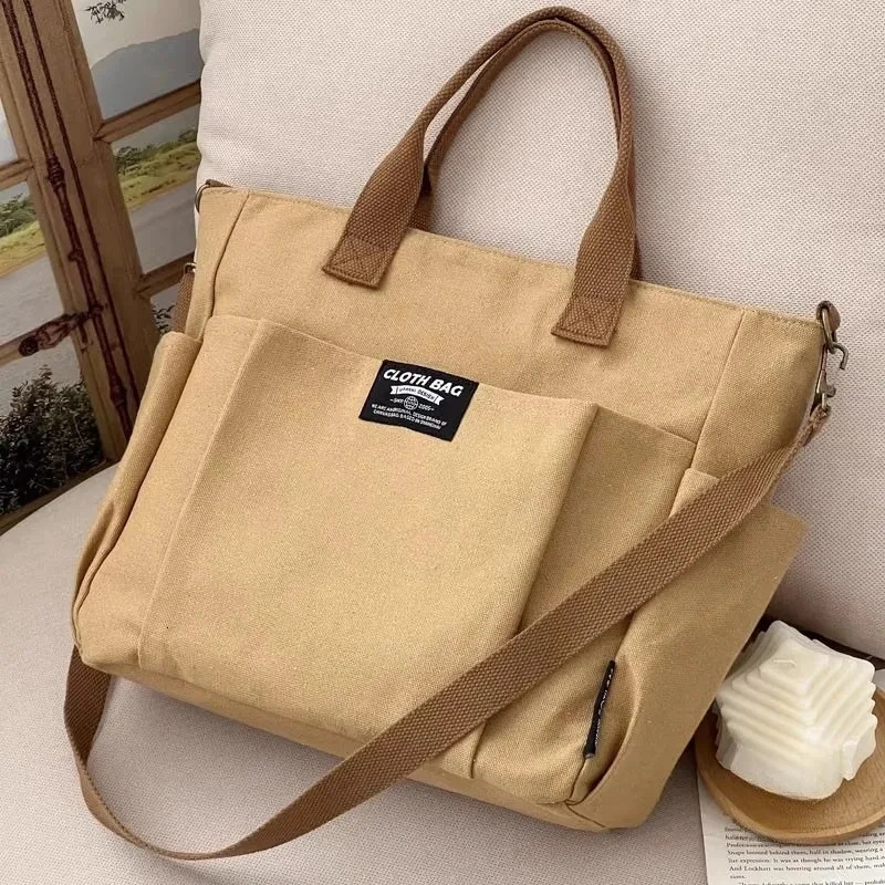 Urban Minimalist Female Student Large Capacity Computing Horizontal Canvas Single Shoulder Diagonal Cross Portable Handbag 250401