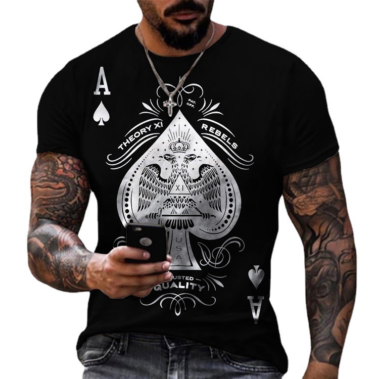 Mens T-shirt with loose and casual personality new poker card print mens top T-shirt in large size