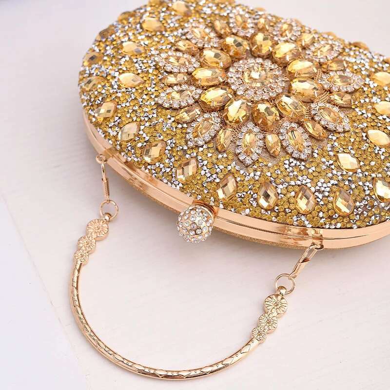 Gold Round Bag Brand Rhie Clutch Bags For Women 2024 Crystals Party Purses Dia Designer Crossbody Handbags