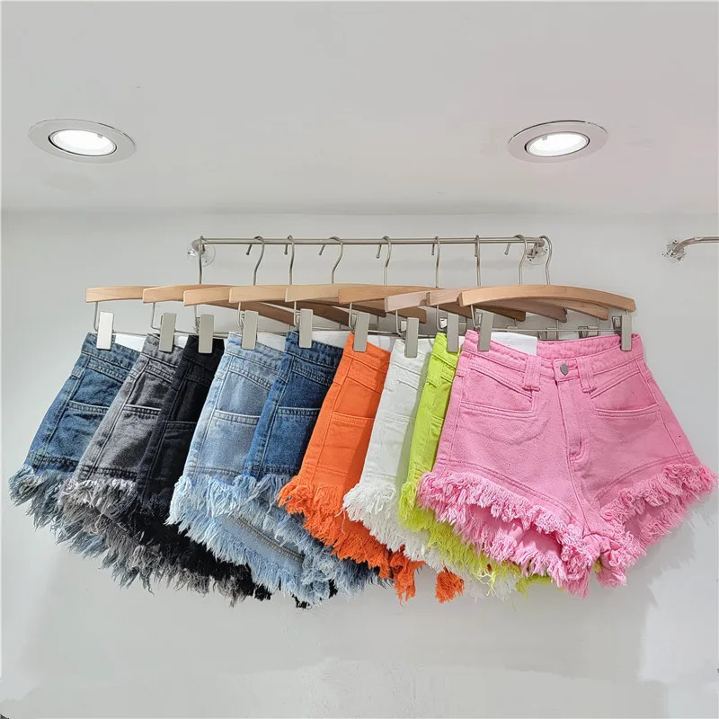 Original denim shorts womens jeans high waisted fringe A-line wide leg pants boots shorts 250402