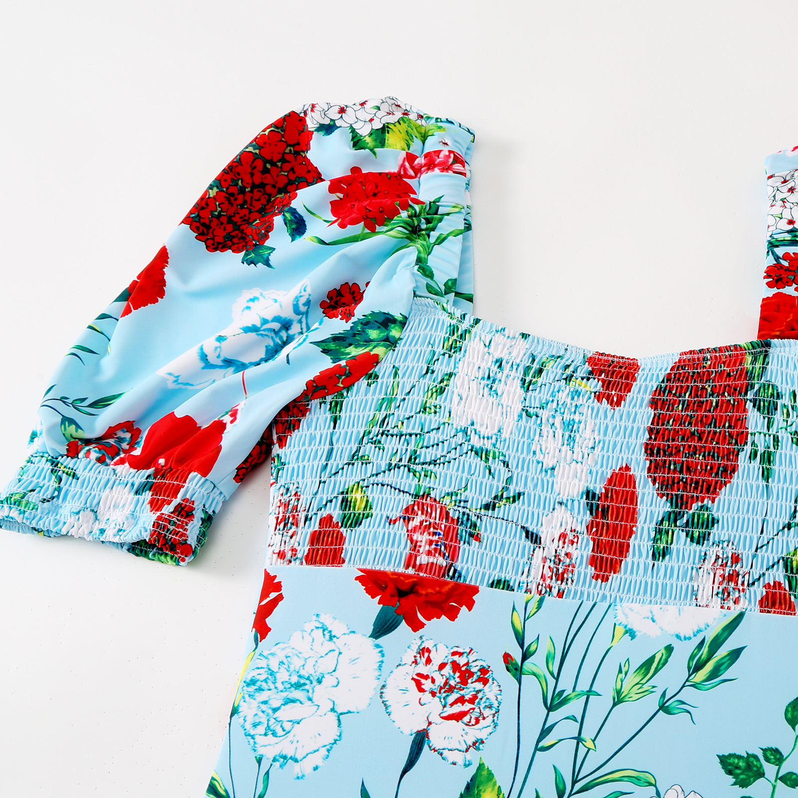 New printed one-piece swimsuit with bubble sleeves for women, slim fit, belly covering, conservative swimming outfit