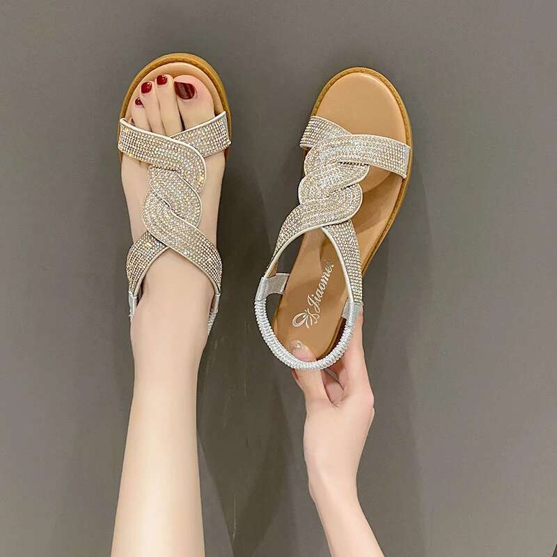 2025 Summer New Thick Bottom Sandals for Women, Fashion and Casual Roman Shoes for Women, Solid Color Crystal Sandals
