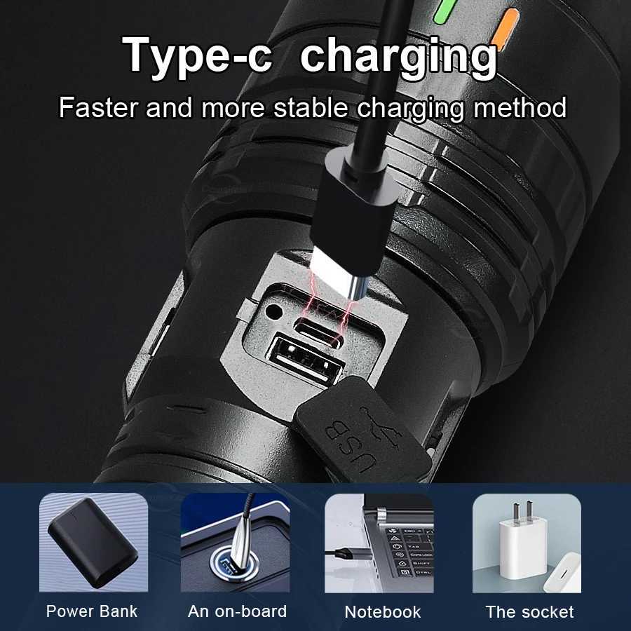 68000000LM Super Powerful LED Flashlights 15000mah Built-in Battery Rechargeable Torch Zoom 4km Strong Light Tactical FlashlightW251106