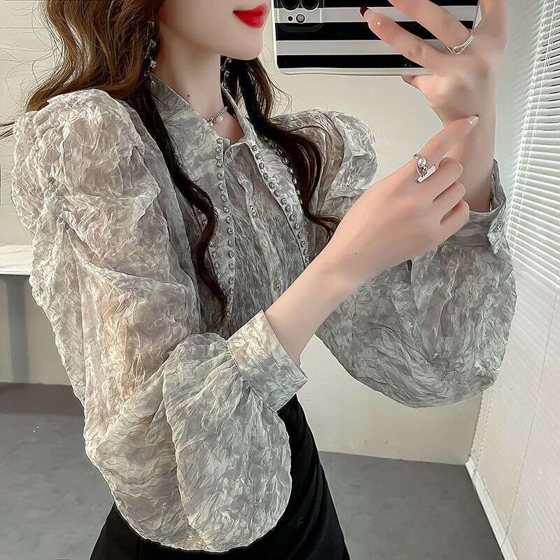 Studded Shiny Silk Chiffon Blouse New Women's Light Luxury Bubble Sleeve Shirt Fairy-like Flowing Top Autumn