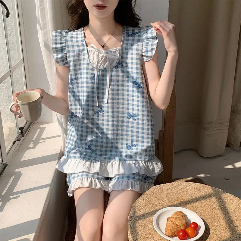Cute Pajamas Blue Plaid Bow Short Sleeve Nightwear Pullover T-Shirt Shorts Two-Piece Set Japanese and Korean Fashion Sleepwear 250402