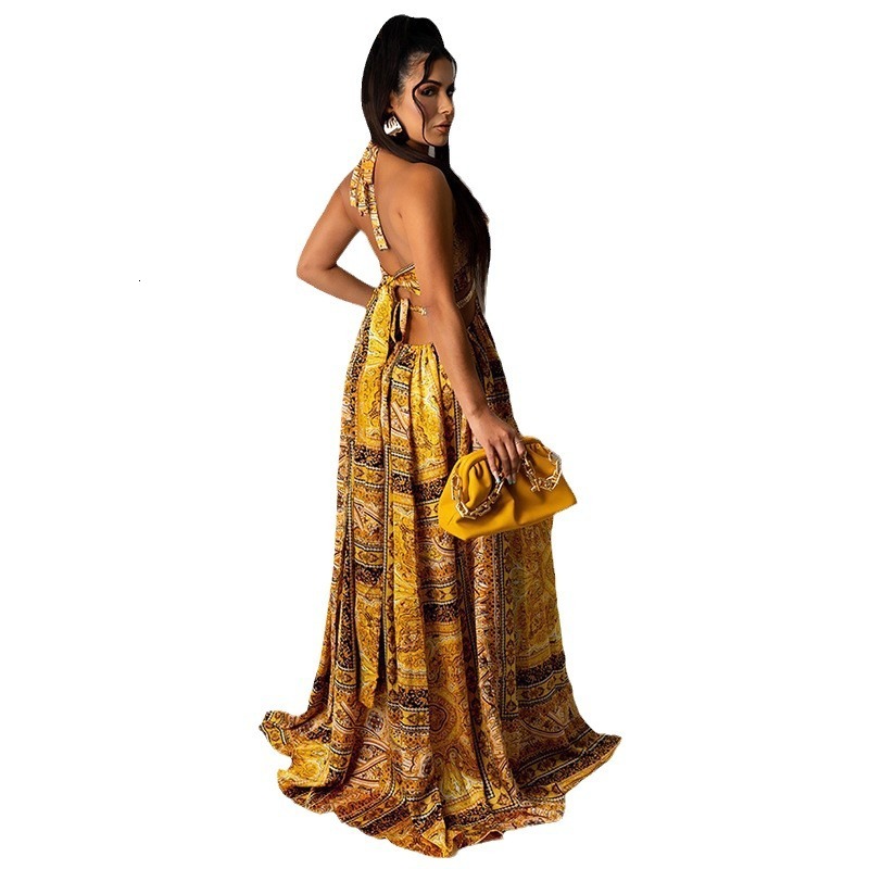 Womens 2025 New Sleeveless Printed Hanging Neck Dress with Slit Long Skirt