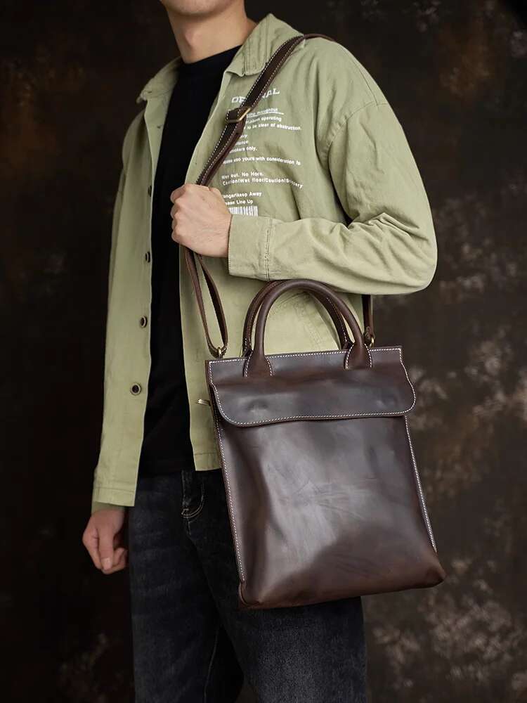 NUPUGOO Vintage Men's Briefcase Genuine Leather Casual Handbag Business Tote Bag Shoulder Office Worker Bags For 12.9 Inch Ipad