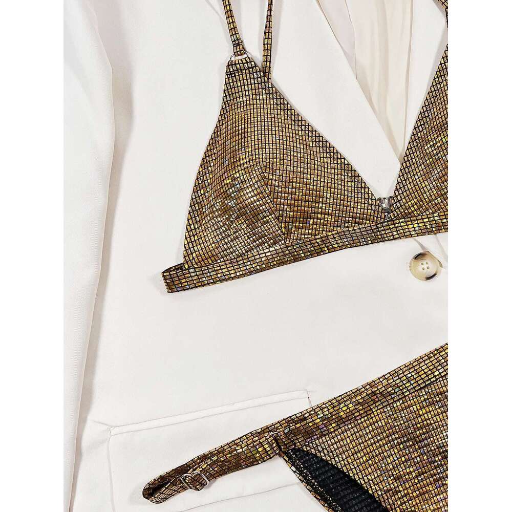 Gold glitter swimsuit women 2023 shiny two piece bikini sexy V-neck suspender swimwear high waist ackless bathing suit XMC185W