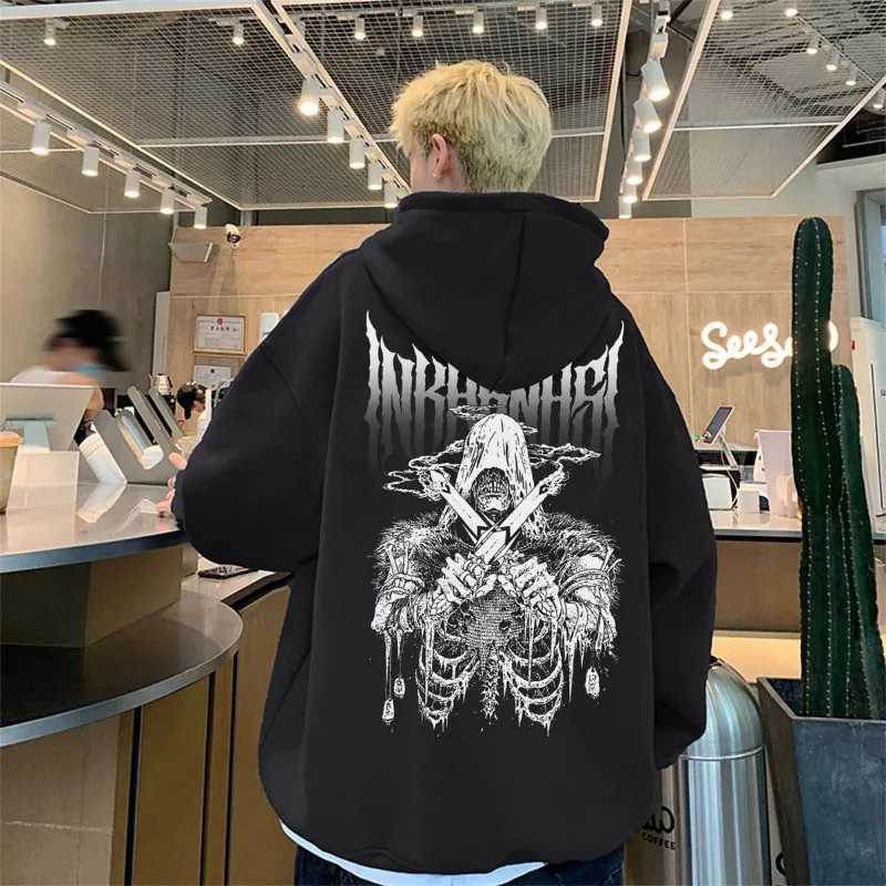American Street Trend Skeleton Soldier Element Printed Casual Loose Hoodie Large Mens Versatile Sweatshirt W251106