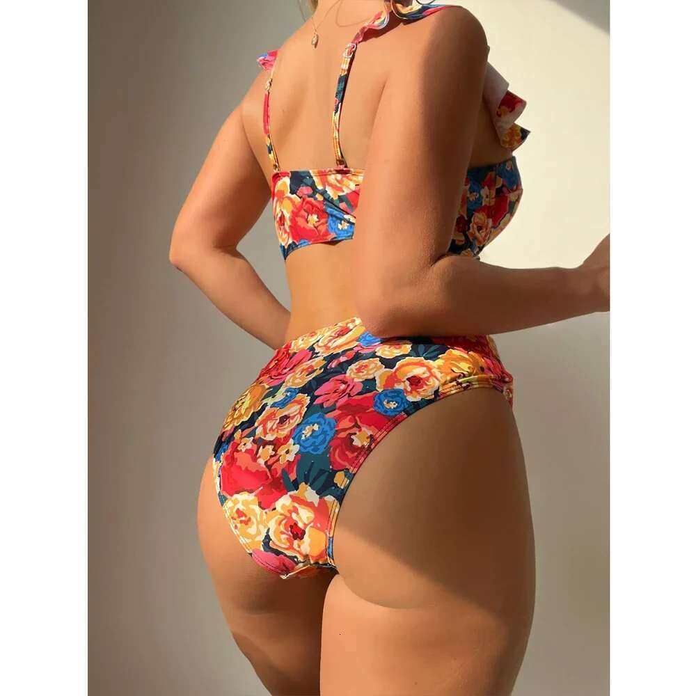 2024 ral Print Swimsuit Women 2 Piece Ruffle Bikini Sexy Underwire Push Up Bathing Suit High Waist Swimwear Summer Beachwear