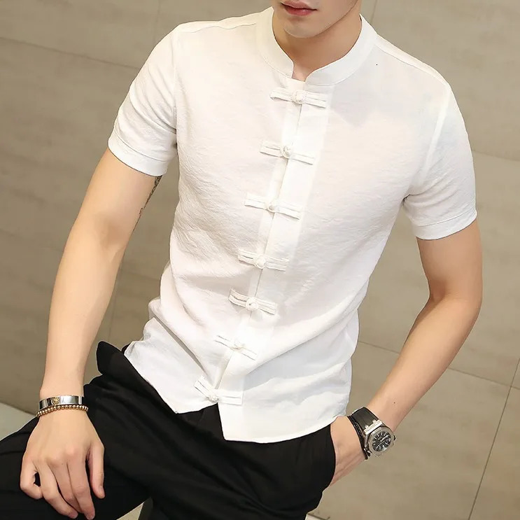 Summer Chinese style button solid color short sleeved mens Korean version fashionable casual T-shirt 250402