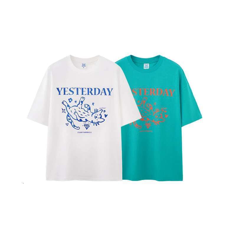Color-Block Cat Foam Print T-Shirt 100% Cotton Short Sleeve American Blue-Green Tee For Men