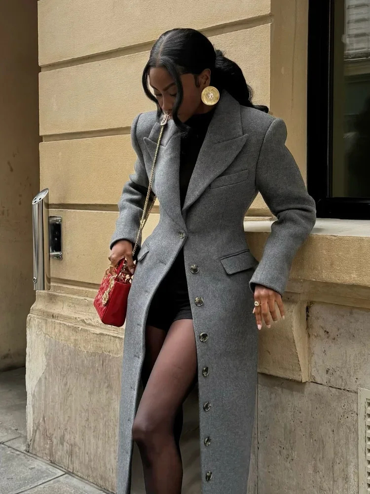 Fashion Waist Cinching Woolen Long Coats For Women Lapel Long Sleeve Single-breasted Shoulder Pad Coat Lady Outwear 251104