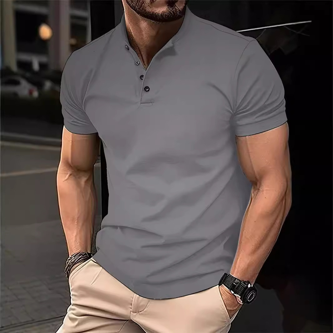 Mens digital printed casual buckle polyester short sleeved T-shirt polo shirt top