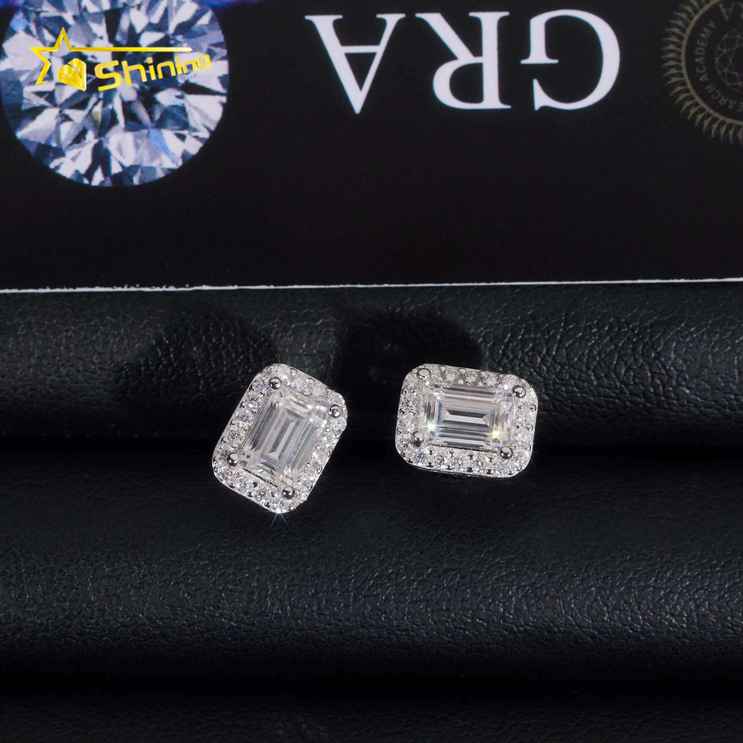 New Arrival Hip Hop Design Iced Out Emerald Cut Moissanite Stud Men Fine Sterling Sier Earrings Jewelry