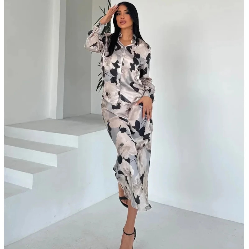 TRAF Print Womens Skiing 2piece Satin Shirt and Suitable for High Waist Midi Clothing Holiday Set 250403