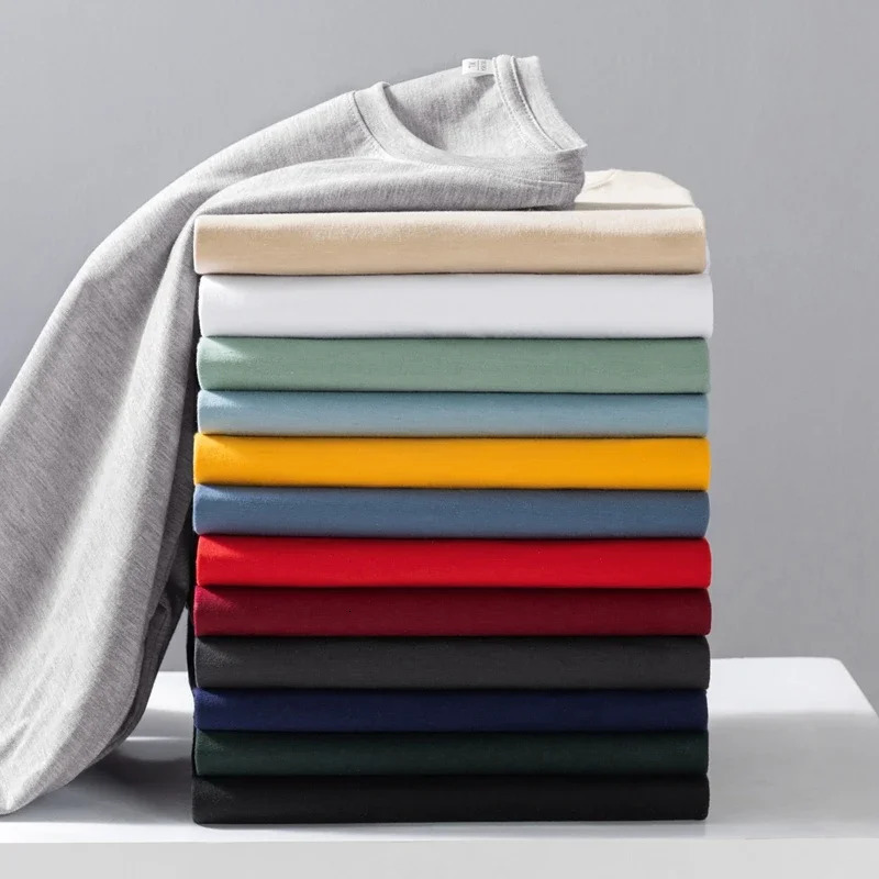 Mens solid color round neck cotton long sleeved T-shirt for summer comfort 250402