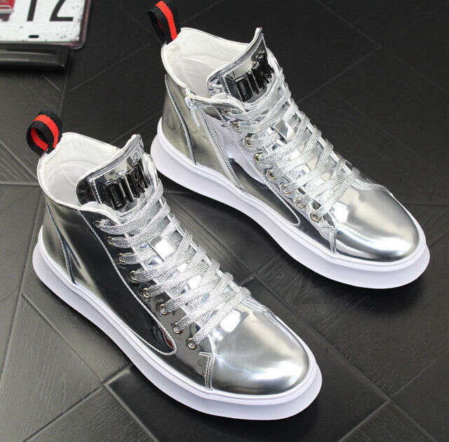 Four Seasons Trendy Patent Leather Glossy Sneakers Men's High-top Casual Shoes 2024 New Fluorescent Green Gold Silver White