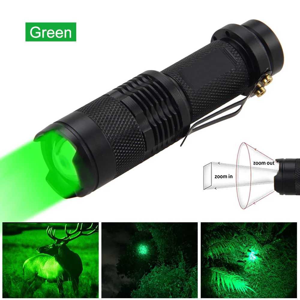 Mini SK68 Zoomable Flashlight Green/Red/365NM XPE LED Waterproof Torch Lamp AA/14500 Powered Clip Pen Light Lamp 3 Modes LanternW251106