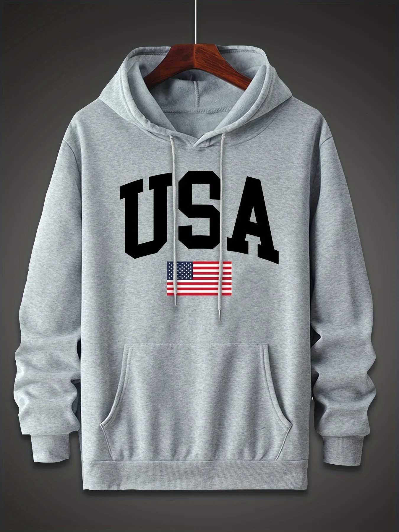 Mens autumn and winter fashionable casual loose oversized American flag printed pullover hooded long sleeved sweatshirt W251106