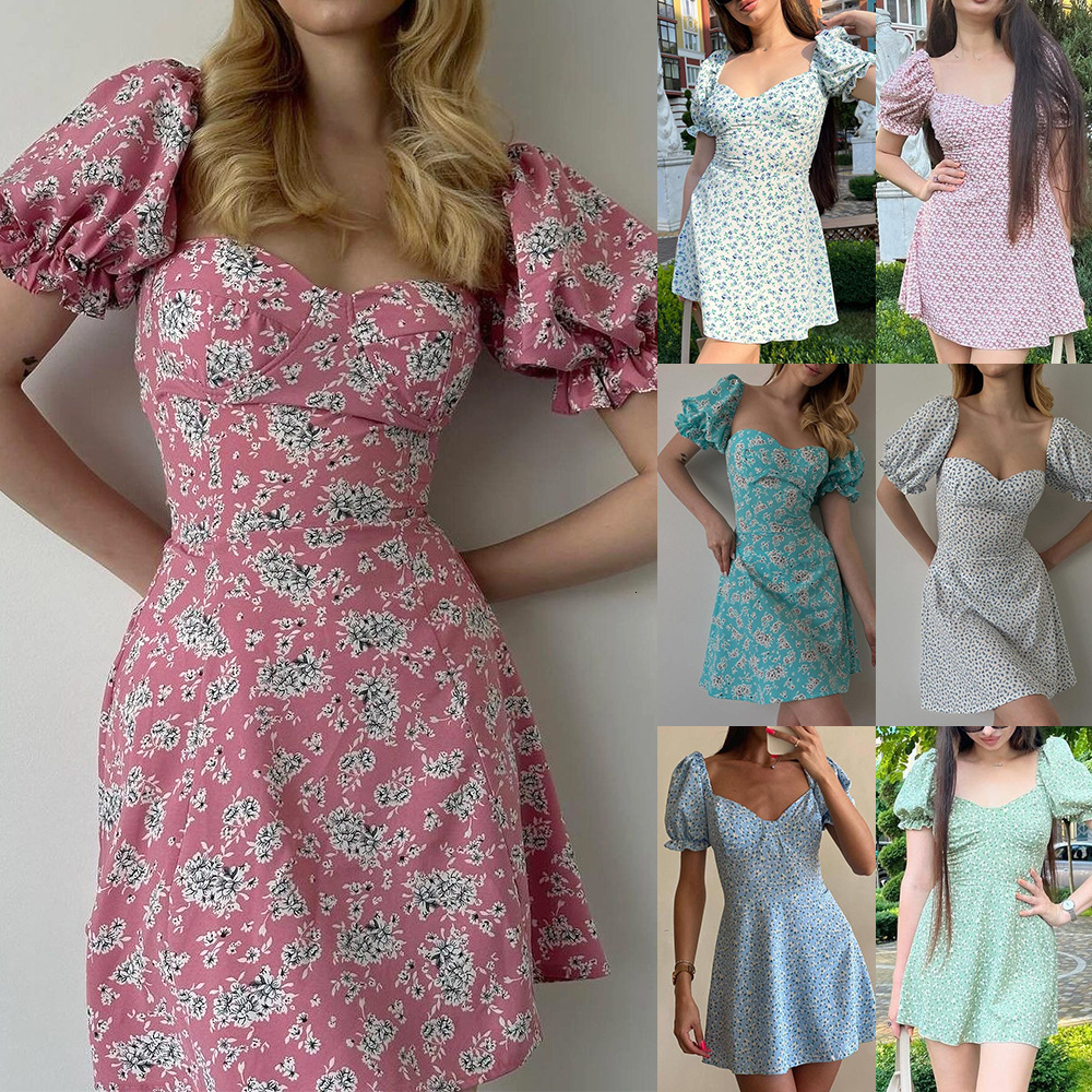 2025 Spring and Summer Womens Lace Up Floral High Waist Bubble Sleeve French Dress