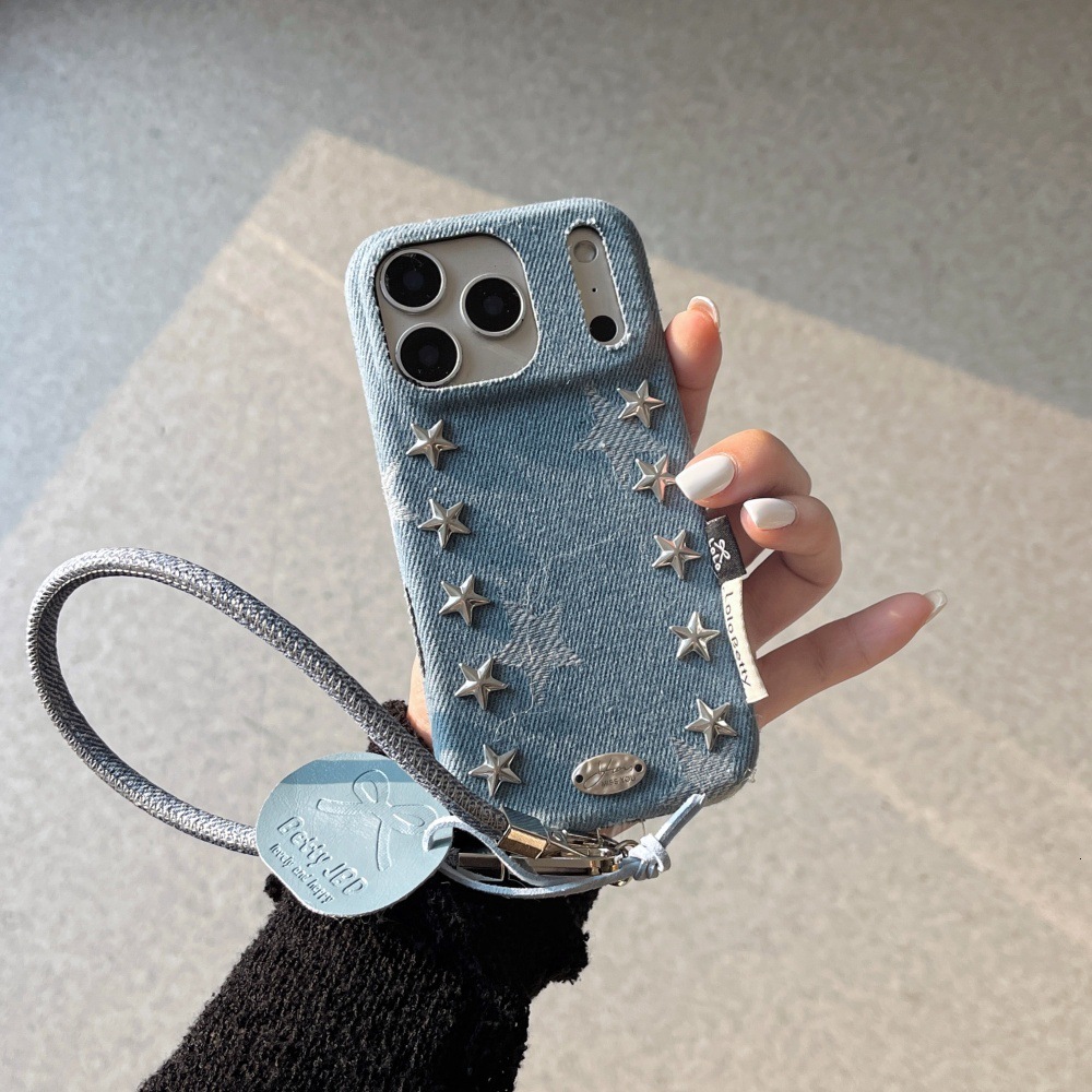 Punk Style Denim Rivet Star Phone Case Compatible with iPhone 17/16 Pro Solid Color Lanyard iPhone 15/14