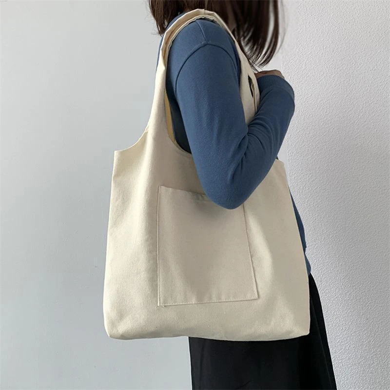Womens shopping bag canvas commuting vest cotton white black series supermarket grocery handbag school 250401