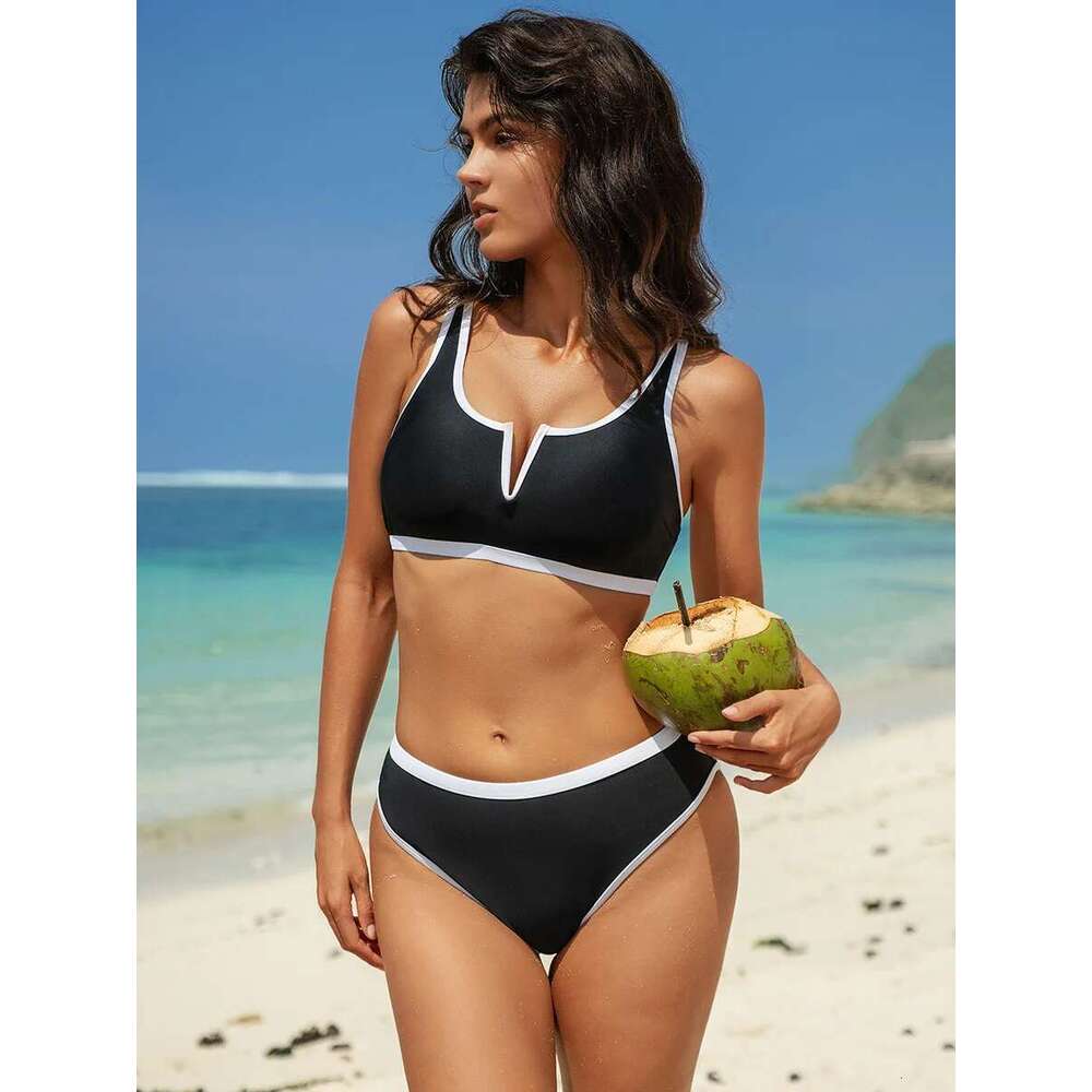 Sexy Black White Contrast Bikini Set Women V Neck Push Up High Waist Swimsuit 2025 Beach Bathing Suit Two Piece Swimwear Biquini