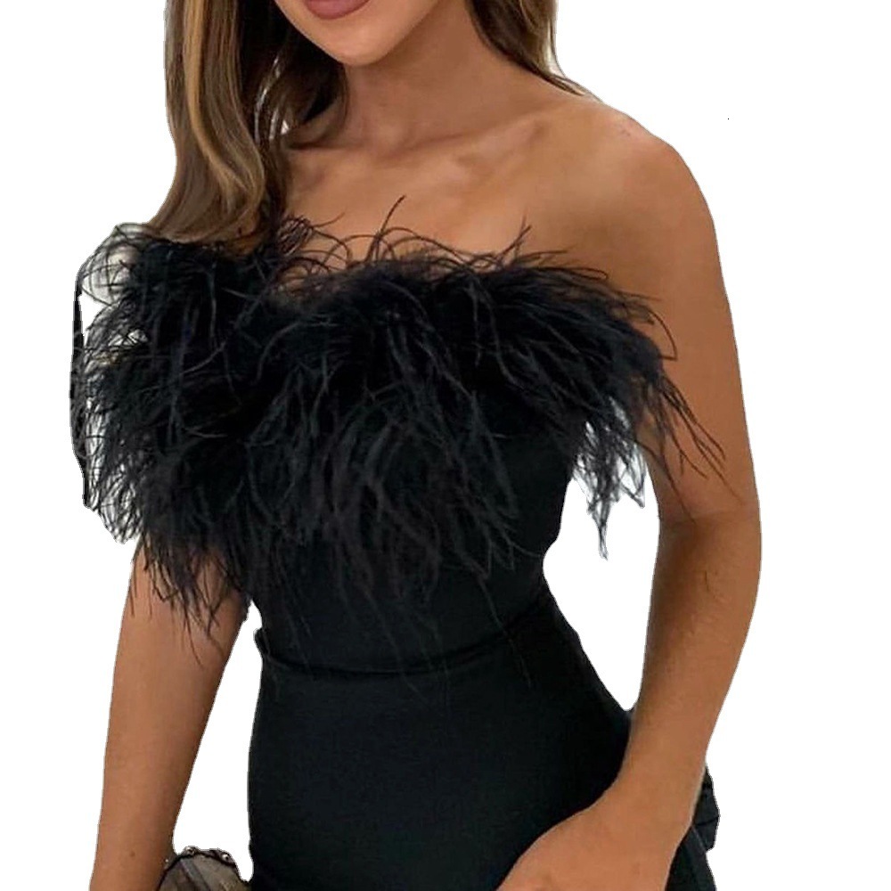 2025 Spring New Womens Hot Girl Feather Strapless Dress with Hip Wrapping Charm Commuting Tight Dress