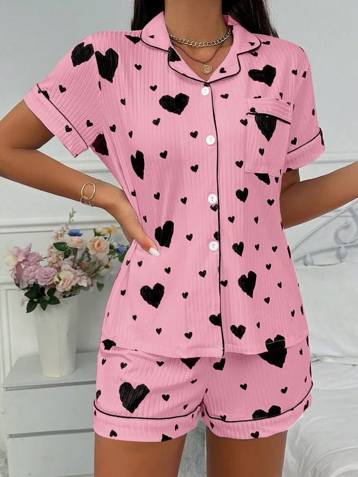 Heart Print Pajama Set Casual Short Sleeve Buttons Lapel Top Elastic Shorts Womens Sleepwear breathable soft Nightwear Homewe 250402