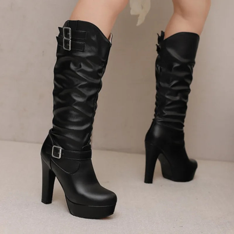 Womens Fashion Belt Buckle Pleated Wide Boots Red White High Heel MidCalf Boot Platform Round Toe 12cm Square Women Shoes 251105