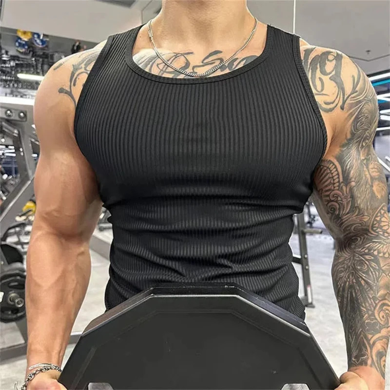 Spring and summer fashion vest mens solid round neck Ropa Hombre sleeveless pull-out tee sports hip-hop Y2K mens clothing 250403
