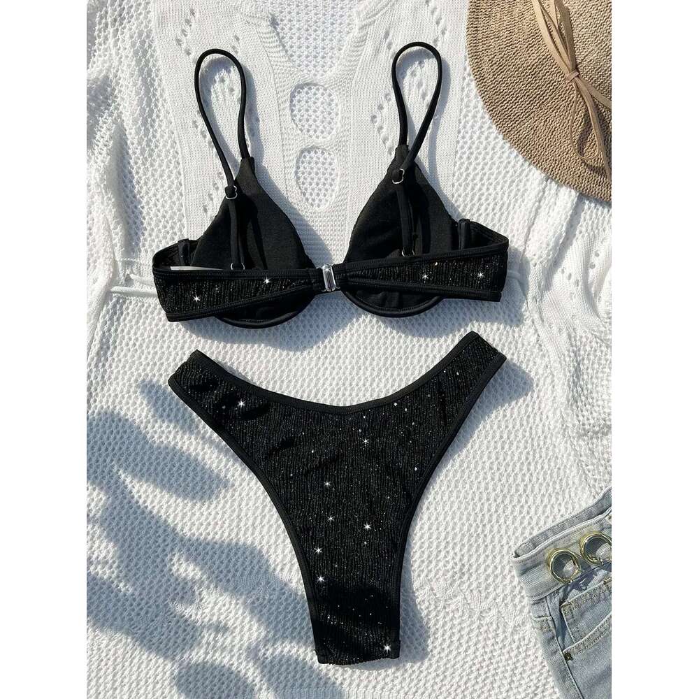 Swimsuit Women 2024 Black Shiny Bikini Sexy High Waist 2 Piece Swimwear Steel Support Female V-neck Beach Bathing Suit YX1378X