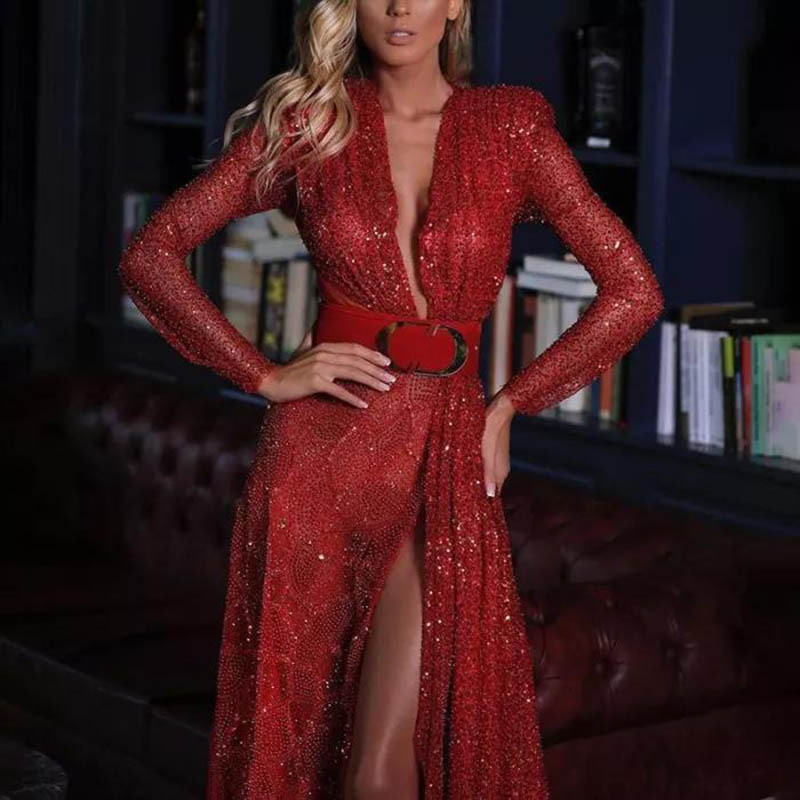 2025 Spring/summer New Sexy Dress with Split Solid Color Glitter Long Style Floor Pulling Evening Dress Long Skirt