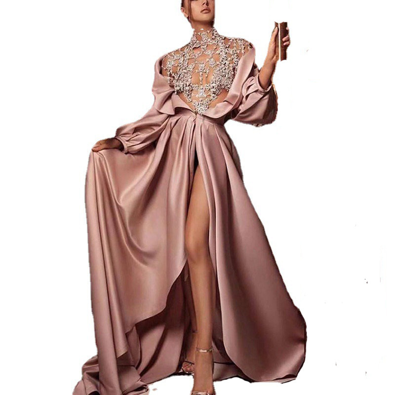 2025 New Socialite Banquet Womens High Waisted Pink Evening Dress Sexy Slit Temperament Dress