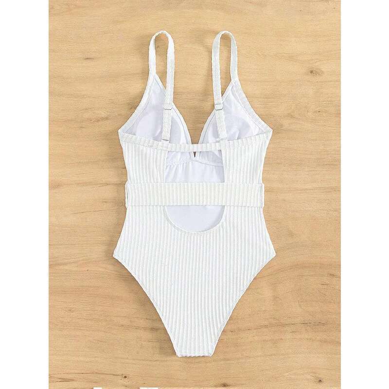 2024 NEW Solid Color White One Piece Swimsuit Women,high Waist Belt V-neck Conservative Bikini Monokini,beach Vacation Swimwear