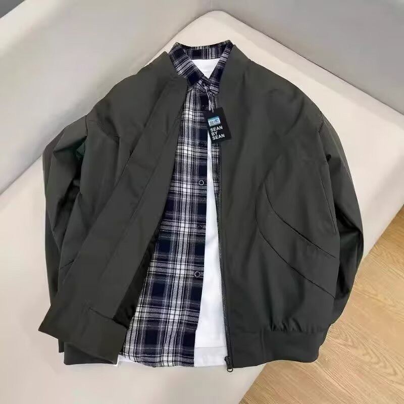 Men's Casual Shirts Men's Beige Bomber Jacket with Plaid Shirt Layered Style - Casual Fashion Zip-Up Bomber Coat, Versatile Outerwear for Sp