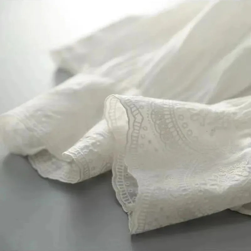 Elegant V-Neck Long Sleeve Linen Blouse Autumn Loose Tops French Style Embroidery Flower Lace Womens Shirt Sweet Blusas 16108 250402