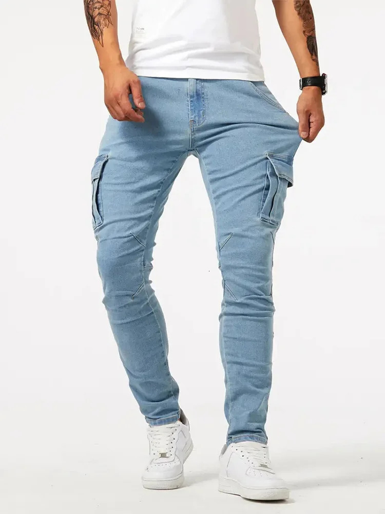Street elastic jeans pencil pants mens denim cargo solid color multi pocket casual tight fitting clothing 250401